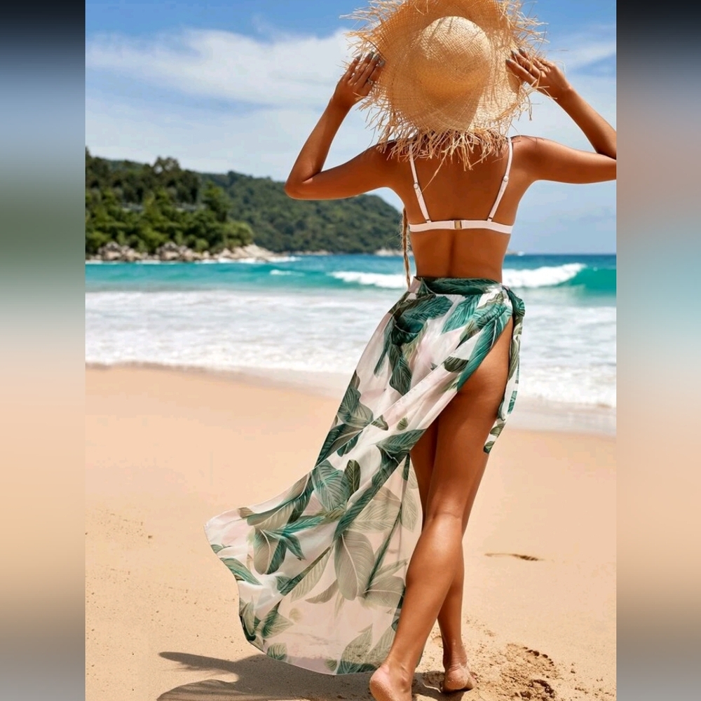 SHEIN Tropical Leaf Sheer Wrap Skirt Beach Cover-Up with Slit